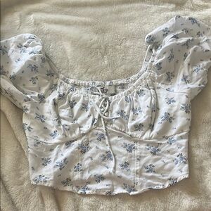 Hollister Gray and White Crop Tie Front Blouse